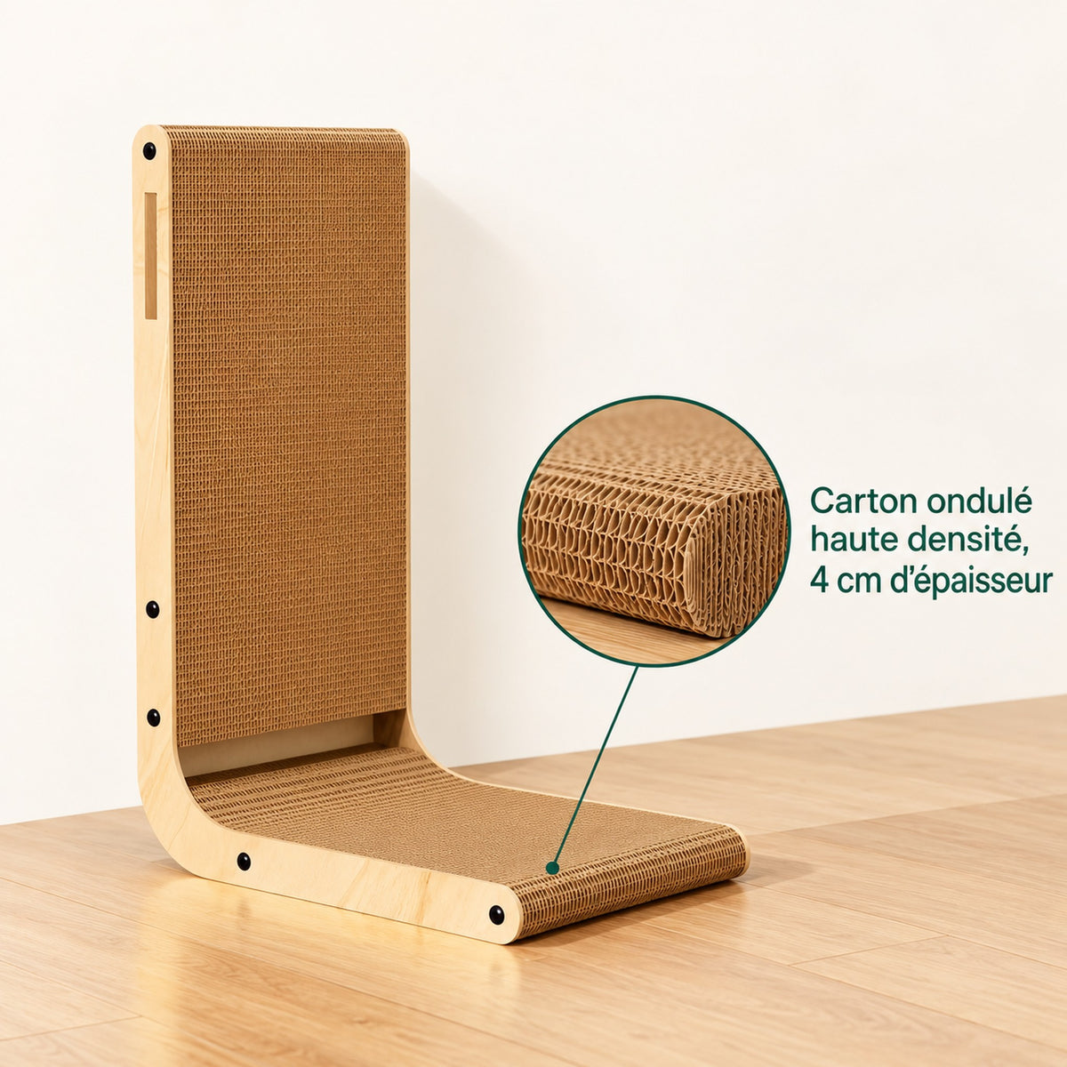 Gros plan sur le carton ondulé haute densité de 4 cm du griffoir en L