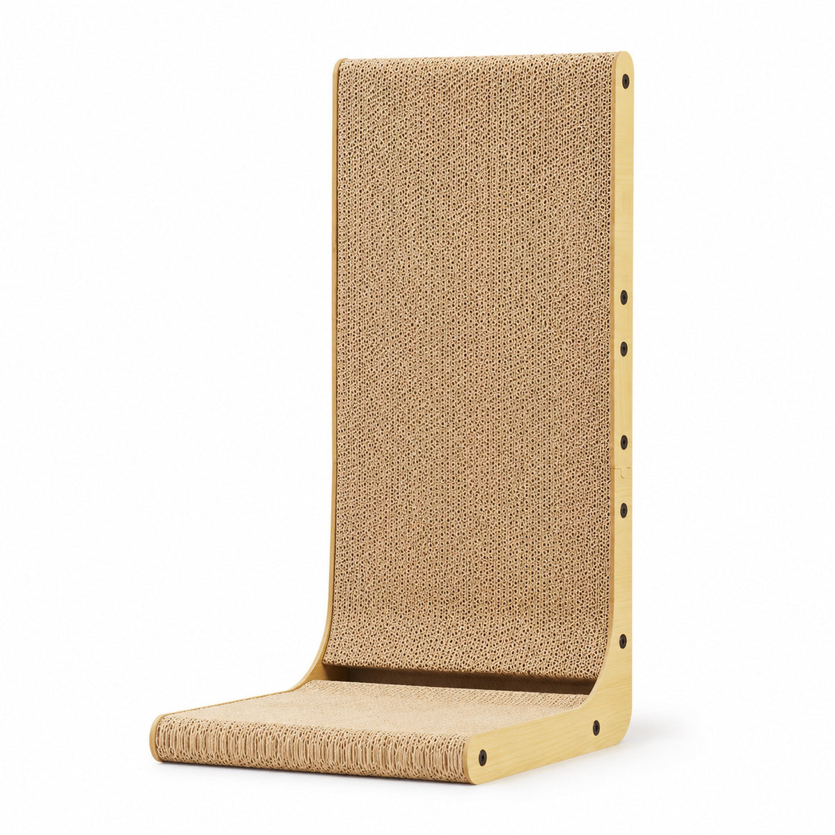Griffoir en L pour chat en carton, 68 cm, montants bois clair, sur fond blanc