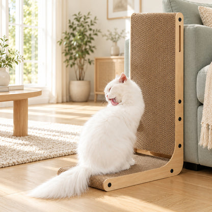 Griffoir en L posé contre l'accoudoir d'un canapé, chat blanc assis sur la base