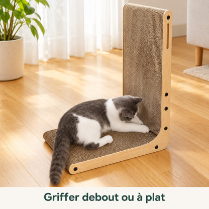 Chaton allongé sur la base du griffoir en L en carton